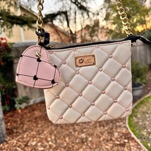 Betsey Johnson Quilted Heart Crossbody Bag Pink Cream Gold Chain Charm